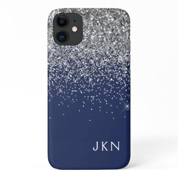 Silver Navy Blue Girly Glitter Sparkle Monogram iPhone 11 Case