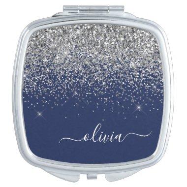 Silver Navy Blue Girly Glitter Sparkle Monogram Compact Mirror