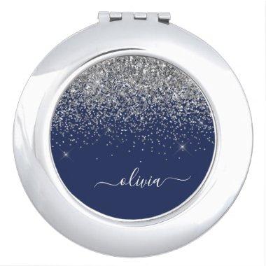 Silver Navy Blue Girly Glitter Sparkle Monogram Compact Mirror