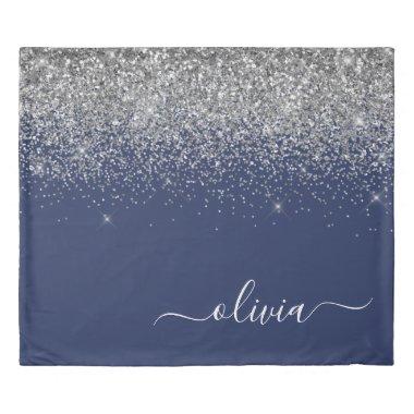 Silver Navy Blue Girly Glitter Sparkle Monogram Duvet Cover