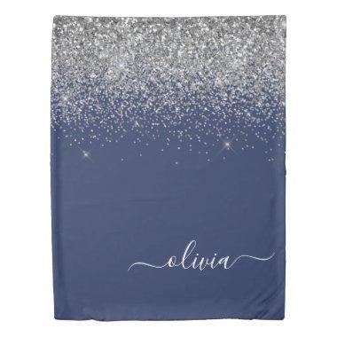 Silver Navy Blue Girly Glitter Sparkle Monogram Duvet Cover