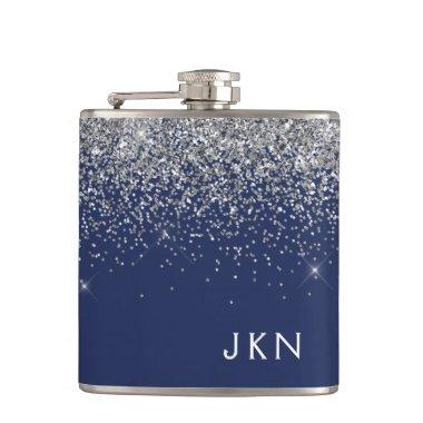Silver Navy Blue Girly Glitter Sparkle Monogram Flask