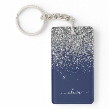 Silver Navy Blue Girly Glitter Sparkle Monogram Keychain