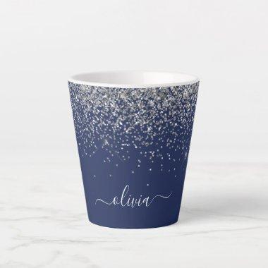 Silver Navy Blue Girly Glitter Sparkle Monogram Latte Mug