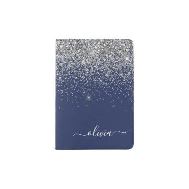 Silver Navy Blue Girly Glitter Sparkle Monogram Passport Holder