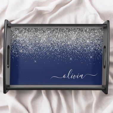 Silver Navy Blue Girly Glitter Sparkle Monogram Serving Tray