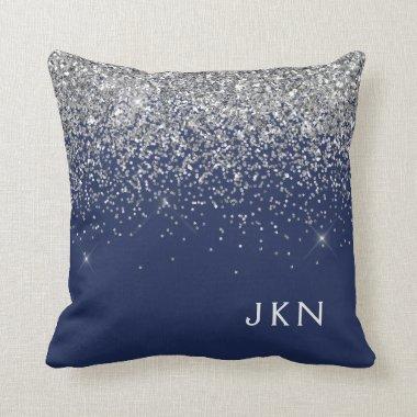 Silver Navy Blue Girly Glitter Sparkle Monogram Throw Pillow