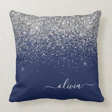 Silver Navy Blue Girly Glitter Sparkle Monogram Throw Pillow