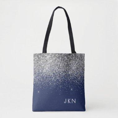 Silver Navy Blue Girly Glitter Sparkle Monogram Tote Bag
