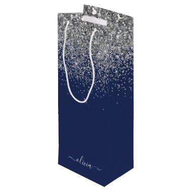 Silver Navy Blue Girly Glitter Sparkle Monogram Wine Gift Bag