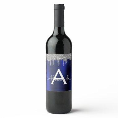 Silver Navy Blue Glitter Brushed Metal Monogram Wine Label