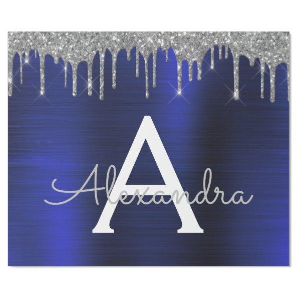 Silver Navy Blue Glitter Brushed Metal Monogram Wrapping Paper