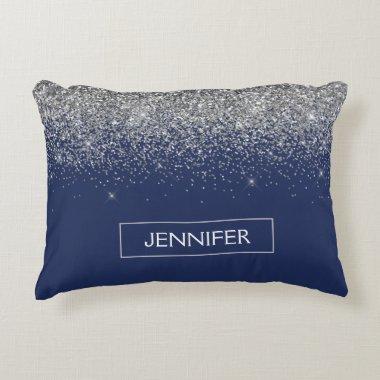 Silver Navy Blue Glitter Girly Monogram Name Accent Pillow