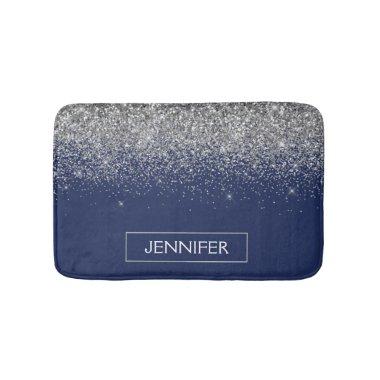 Silver Navy Blue Glitter Girly Monogram Name Bath Mat