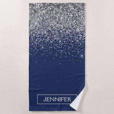Silver Navy Blue Glitter Girly Monogram Name Beach Towel