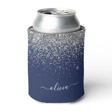 Silver Navy Blue Glitter Girly Monogram Name Can Cooler