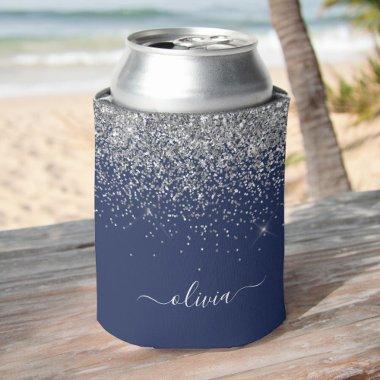 Silver Navy Blue Glitter Girly Monogram Name Can Cooler