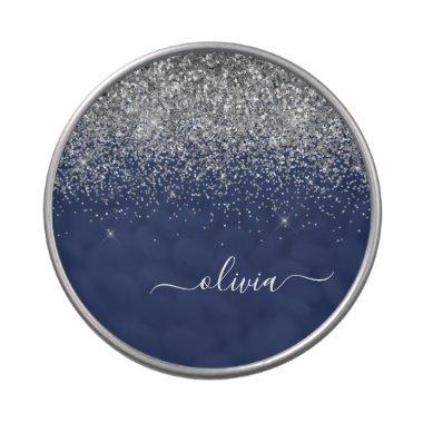 Silver Navy Blue Glitter Girly Monogram Name Candy Tin
