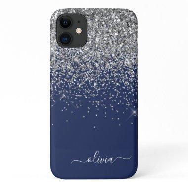 Silver Navy Blue Glitter Girly Monogram Name iPhone 11 Case