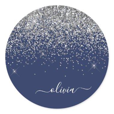 Silver Navy Blue Glitter Girly Monogram Name Classic Round Sticker