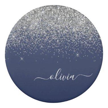 Silver Navy Blue Glitter Girly Monogram Name Eraser