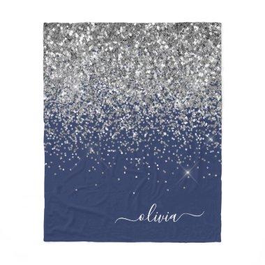 Silver Navy Blue Glitter Girly Monogram Name Fleece Blanket