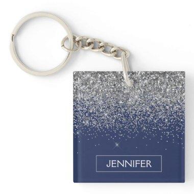 Silver Navy Blue Glitter Girly Monogram Name Keychain