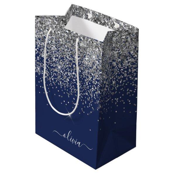 Silver Navy Blue Glitter Girly Monogram Name Medium Gift Bag