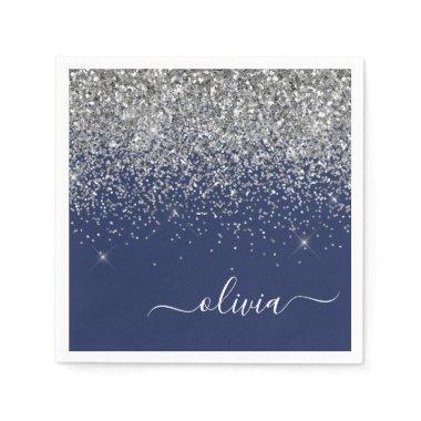 Silver Navy Blue Glitter Girly Monogram Name Napkins