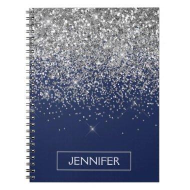 Silver Navy Blue Glitter Girly Monogram Name Notebook