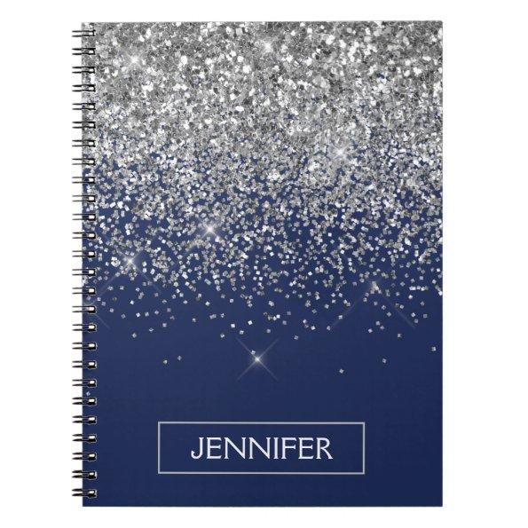 Silver Navy Blue Glitter Girly Monogram Name Notebook
