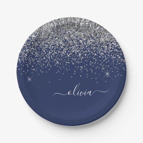 Silver Navy Blue Glitter Girly Monogram Name Paper Plates