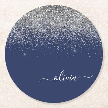 Silver Navy Blue Glitter Girly Monogram Name Round Paper Coaster