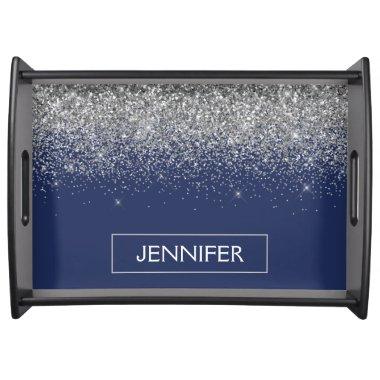 Silver Navy Blue Glitter Girly Monogram Name Serving Tray