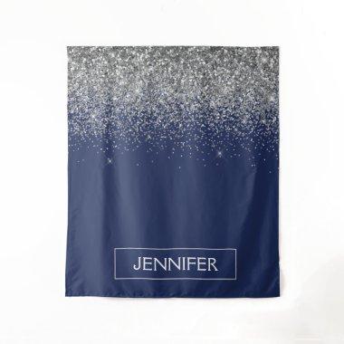 Silver Navy Blue Glitter Girly Monogram Name Tapestry