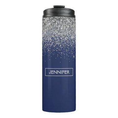 Silver Navy Blue Glitter Girly Monogram Name Thermal Tumbler