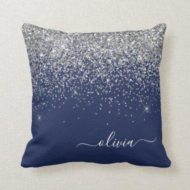 Silver Navy Blue Glitter Girly Monogram Name Throw Pillow