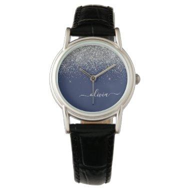 Silver Navy Blue Glitter Girly Monogram Name Watch