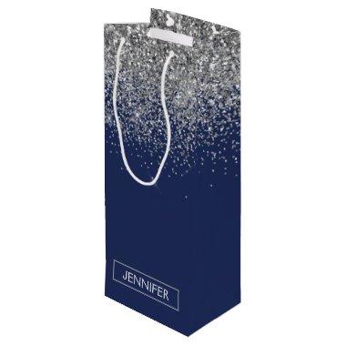 Silver Navy Blue Glitter Girly Monogram Name Wine Gift Bag