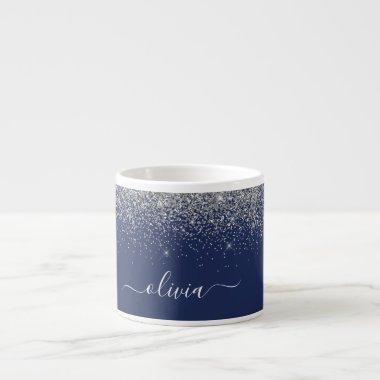 Silver Navy Blue Glitter Metal Monogram Name Espresso Cup