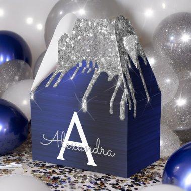 Silver Navy Blue Glitter Sparkle Monogram Name Favor Boxes