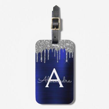 Silver Navy Blue Glitter Sparkle Monogram Name Luggage Tag