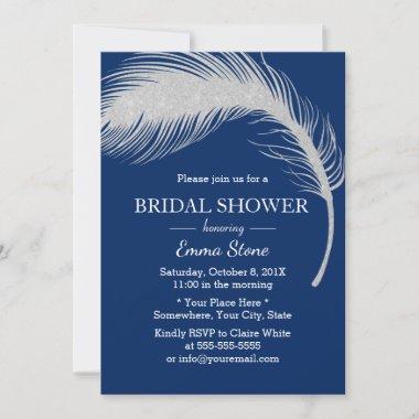 Silver Peacock Feather Navy Blue Bridal Shower Invitations