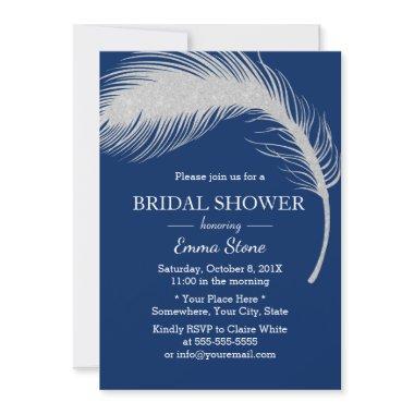 Silver Peacock Feather Navy Blue Bridal Shower Invitations