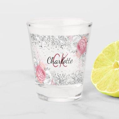 Silver pink florals elegant monogram name shot glass