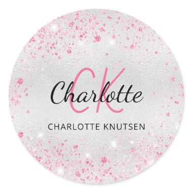 Silver pink glitter dust monogram initials name classic round sticker