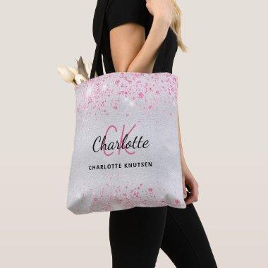 Silver pink glitter monogram initials tote bag