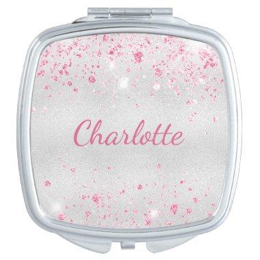 Silver pink glitter monogram name compact mirror