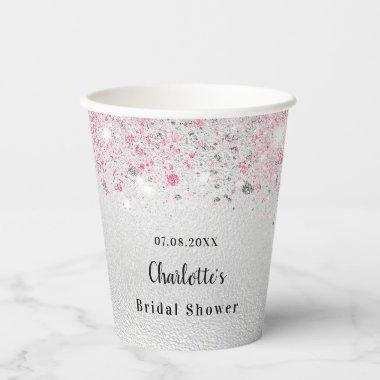 Silver pink glitter name bridal shower paper cups