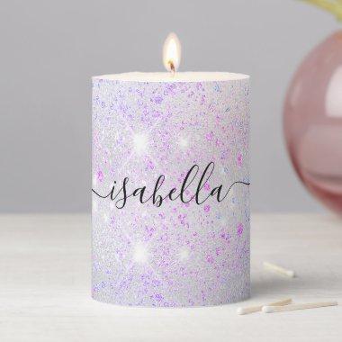 Silver pink purple glitter dust metal name script pillar candle